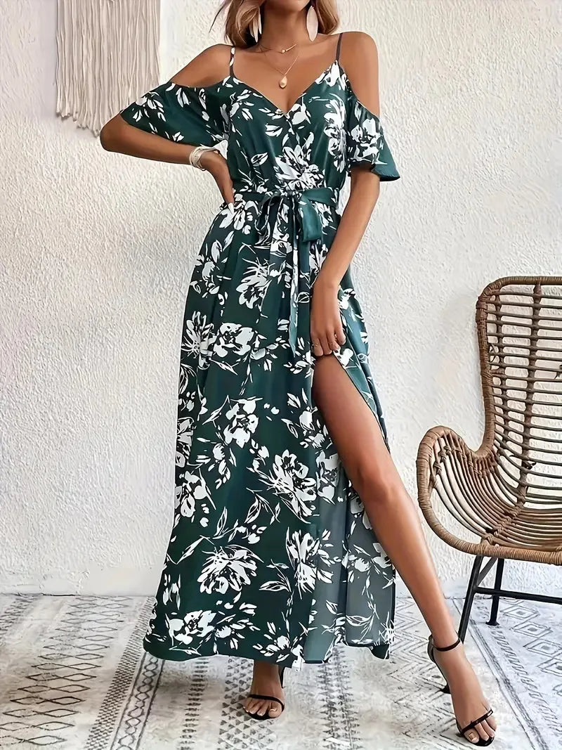 New Summer Women Print Dress 2025 Fashion ElegantVacation Party Short Sleeve Slim V-neck Slit Long Dresses Vestidos Para Mujer