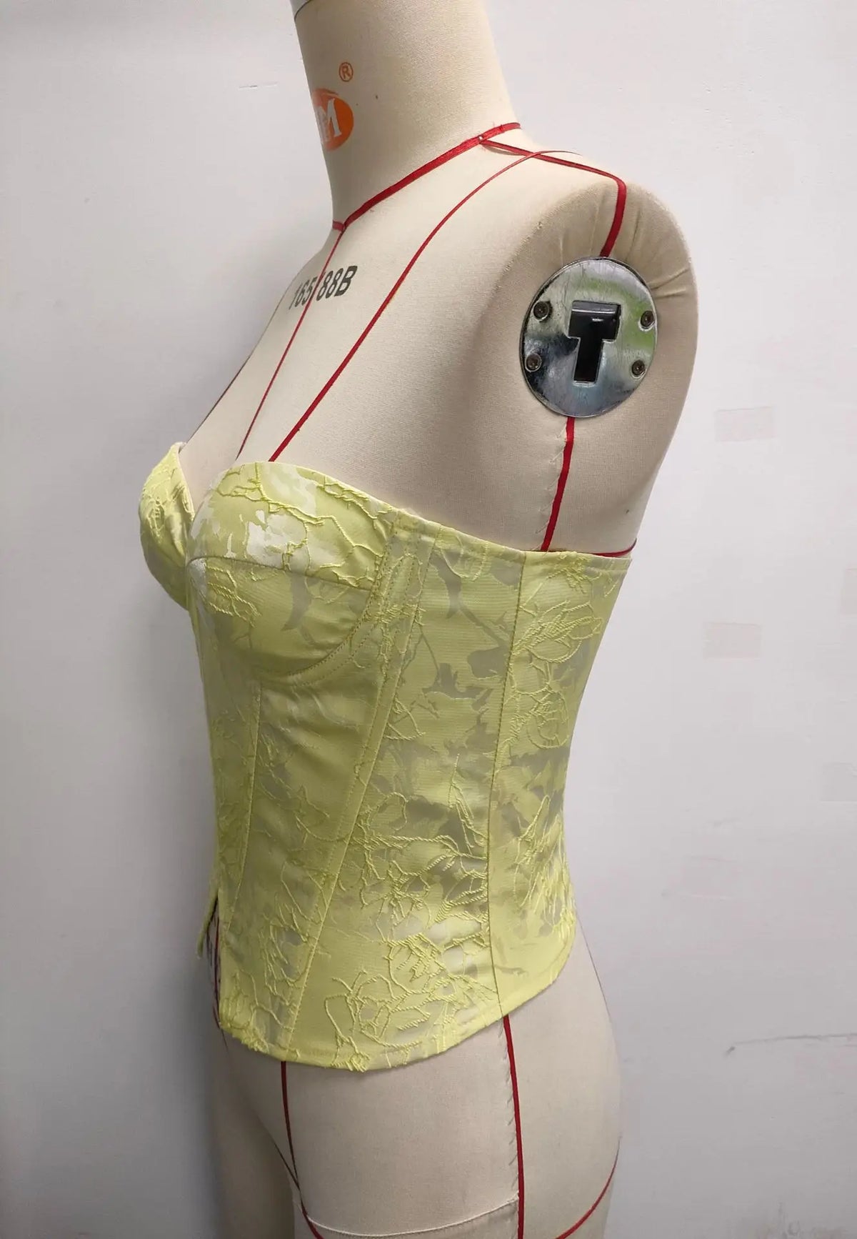 Sexy Yellow Woven Rose Jacquard Tank Top Women Strapless Steel Ring Slim Fit Fishbone Vest Summer Back Criss Cross Party Corset
