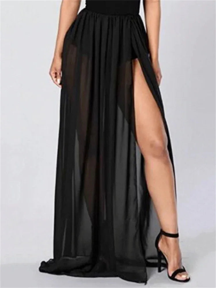Womens Mesh Beach Wrap Skirt Bikini Cover-Ups High Waist See Through Slit Long Skirts Sexy Club Cover-ups
