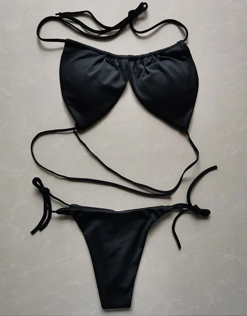 Summer Sexy Bikini set Push-up padded Bra Thong Split Swimwear Female Bandage Bathing Suit Adjustable Lacing Swimsuit Solid