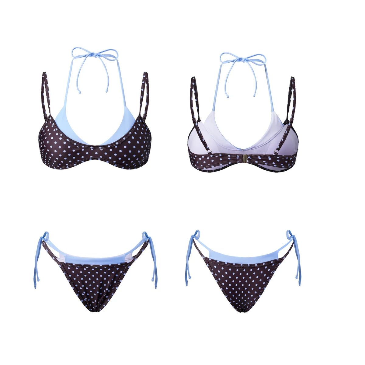 Women's Dot Print 2 Piece Bikini Sets Double Layered Halter Bra Side Tie-up Low Waist Shorts 2026 Summer Beach Pool Swimsuit