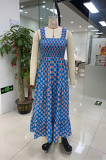 Women Summer Bohemian Floral Print Sundress Smocked Square Neck Sleeveless Backless A-line Long Tiered Ruffle Dress with Pockets