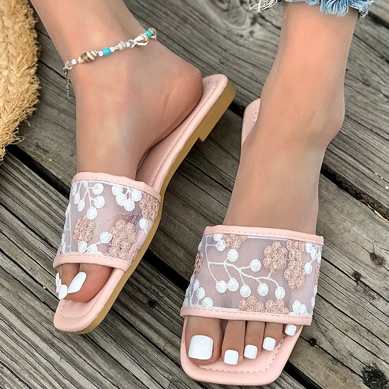 Retro Embroider Low Heel Slippers Women Summer Square Toe Slip On Slides Woman New Anti-Slip Beach Pu Leather Slippers Mujer