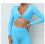 Long Sleeve Gym Crop Tops for Women Twist Deep V Workout Quick Dry Padded Sports Fitness Yoga T-Shirt