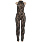 Women Halter Neck Lace Mesh Jumpsuit Sheer See Through Sleeveless Backless Bodycon Romper Y2K Clubwear Party Nightclub Outfit