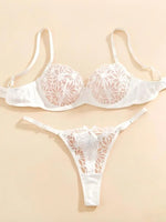 Women's White Lace Bra and Thong Set - Sexy Floral Embroidered Underwear, Sheer Mesh, Bridal/Party Wear