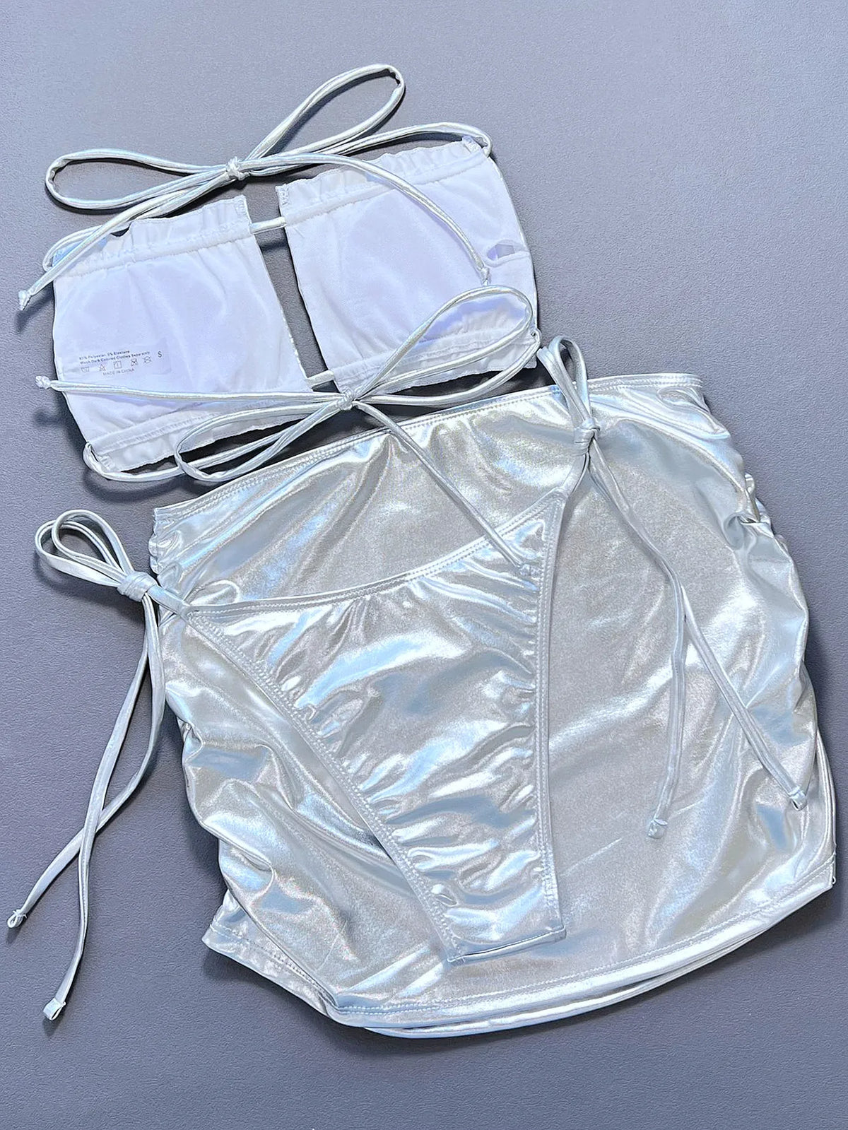 Silvery Shiny 3 Piece Swimsuit for Women,2026 New High Waist Skirt Bikini,sexy Strapless Hollow Out Backless Ruffle Bathing Suit