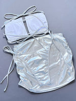 Silvery Shiny 3 Piece Swimsuit for Women,2026 New High Waist Skirt Bikini,sexy Strapless Hollow Out Backless Ruffle Bathing Suit
