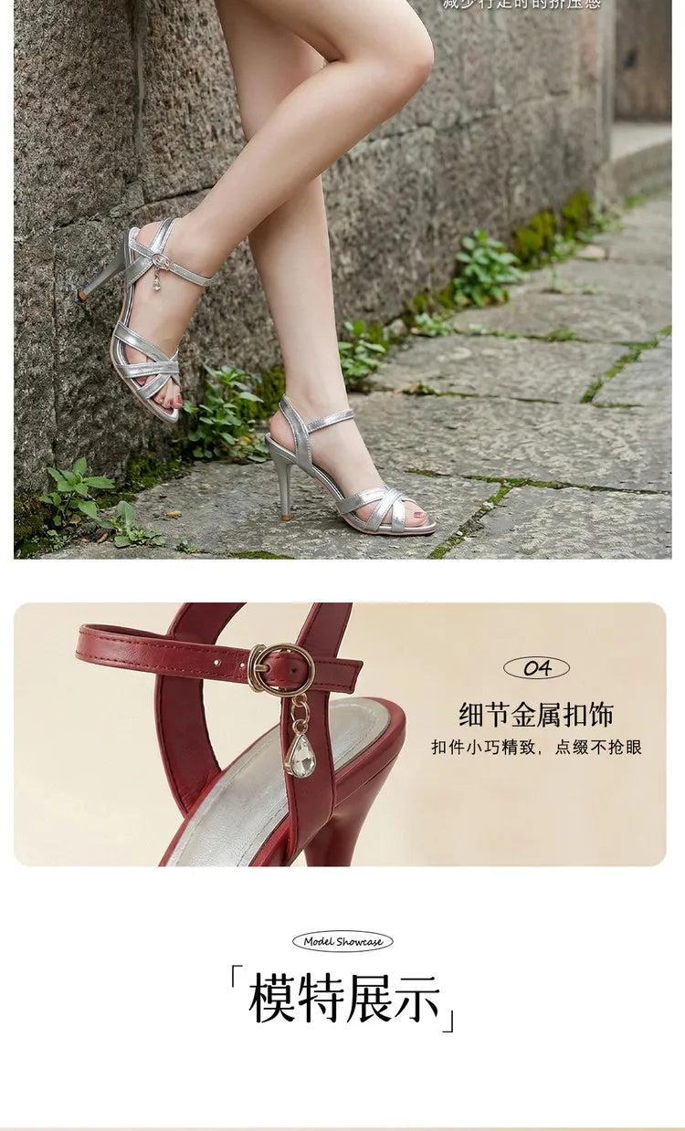 2026 Summer New Women's Metallic High Heel Sandals Ankle Strap Crystal Buckle Stiletto Heels Sexy Party Wedding Prom Dress Shoes