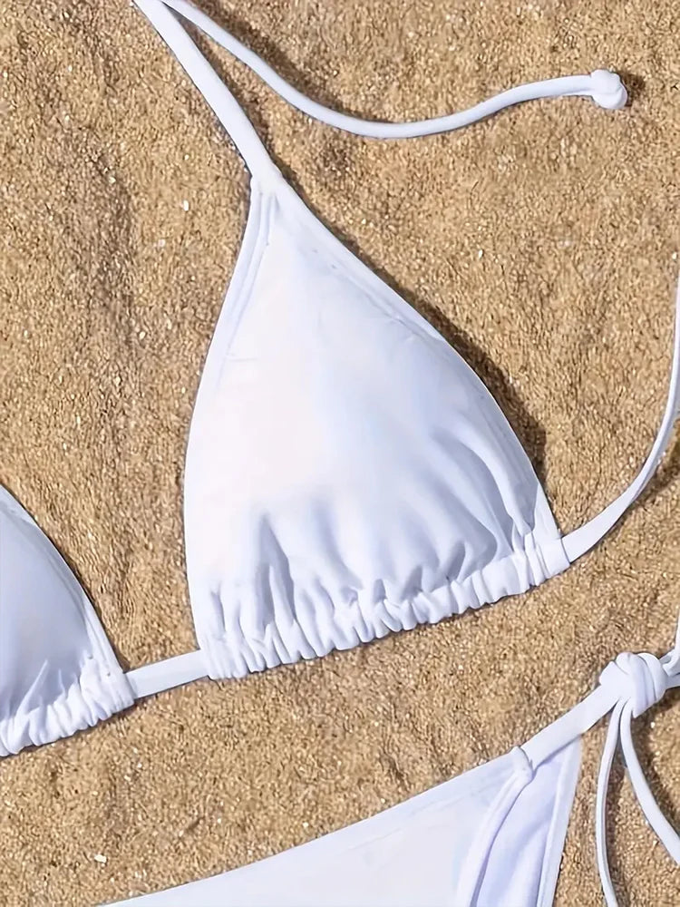 New Women Swimsuit Ribbed Backless Pads Bikini Set Halter Triangle Bra Side Tie Thong Swimwear Beachwear Lady Bathing Suit