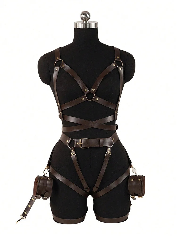PU Leather Bondage Women Harness Outfit Adjustable Strappy Costume with Buckle Belt Thigh Straps Gothic Halloween Costume Set