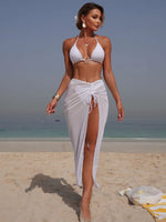 Sexy Black Mesh Long Skirt 3 Piece Bikini Set Women White Metal Ring Linked Push Up Bra Swimsuit Holiday Bathing Suits Swimwear