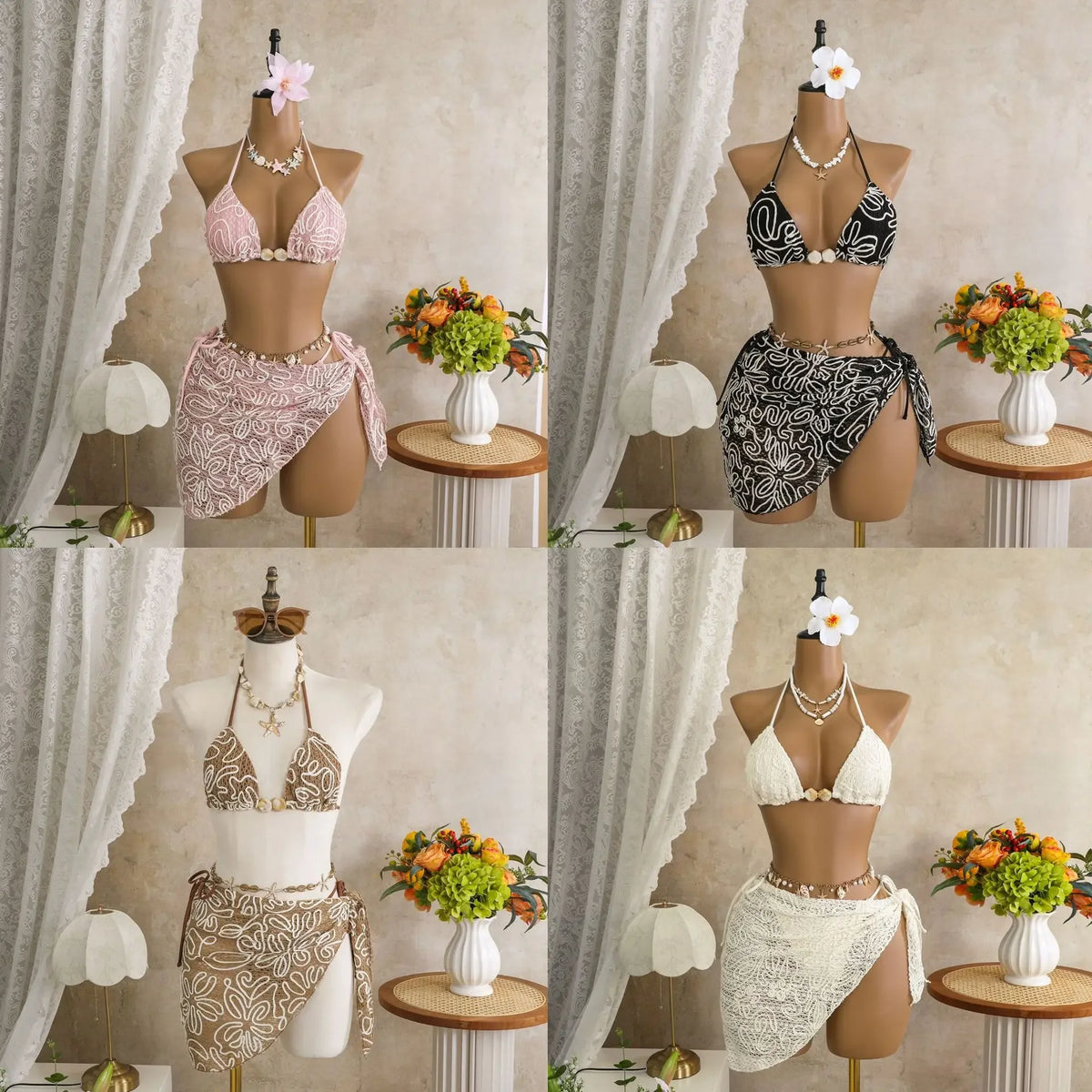 Vintage Pink Mesh Skirt 3 Piece Bikini Set Women Stone Strap Push Up Bra Triangle Swimsuit Holiday Bathing Suit Swimwear 2026