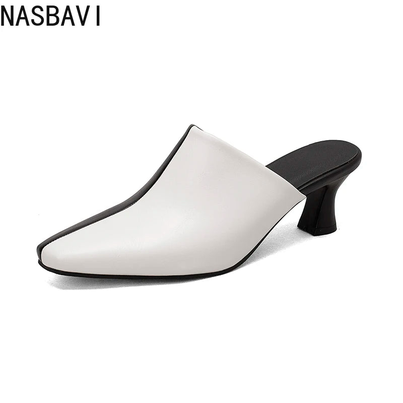 NASBAVI New Breathable Hollow Slippers Stone Pattern Leather Pumps Women Chunky Heels Mules Black Dress Shoes Big Size 45 46 47