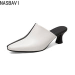 NASBAVI New Breathable Hollow Slippers Stone Pattern Leather Pumps Women Chunky Heels Mules Black Dress Shoes Big Size 45 46 47