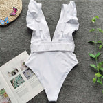 New Sexy Ruffled White Deep V One Piece Swimsuit Women Swimwear Female With Belt Monokini Bather Bathing Suit Swim Lady V2198