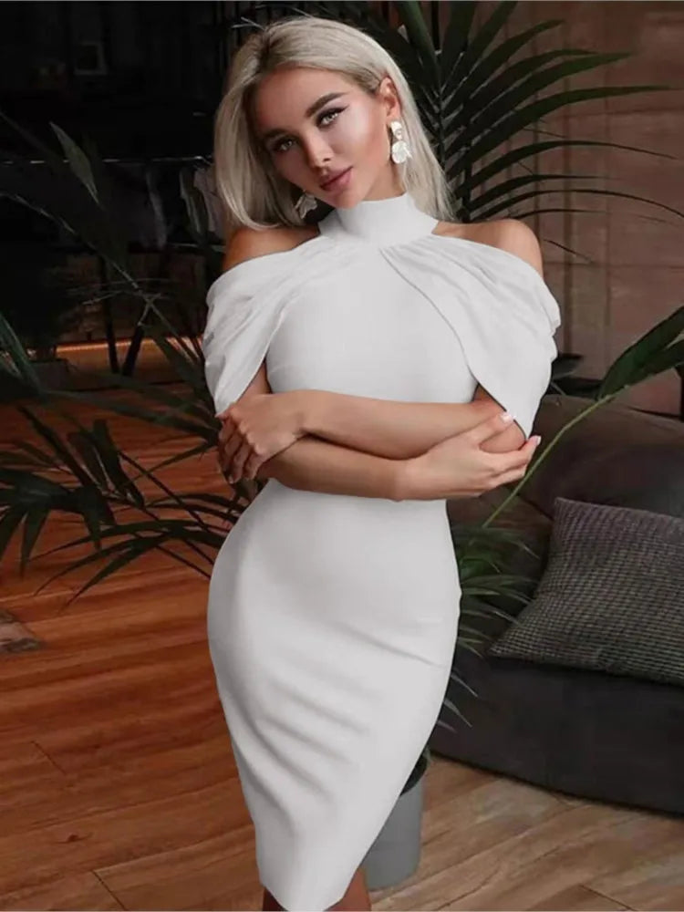 2024 New Solid Color Slim Midi Dresses Women Halter Neck Off Shoulder Package Hip Bodycon Elegant Temperament Ladies Party Dress