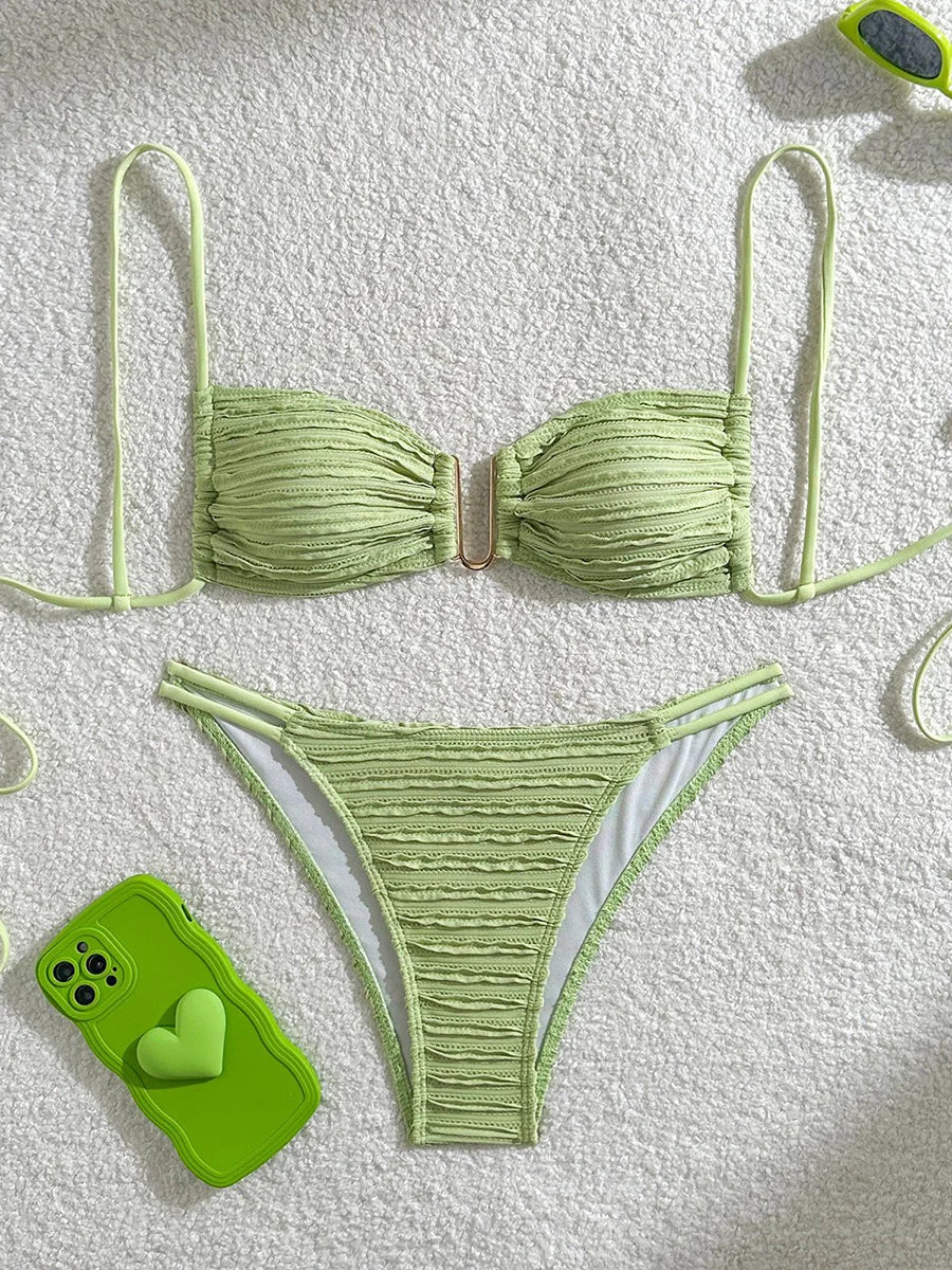2026 Wrinkled U Ring Bandeau Bikini Women Swimwear Female Swimsuit Two-pieces Bikini Set Bather Pool Bathing Suit Swim Beachwear