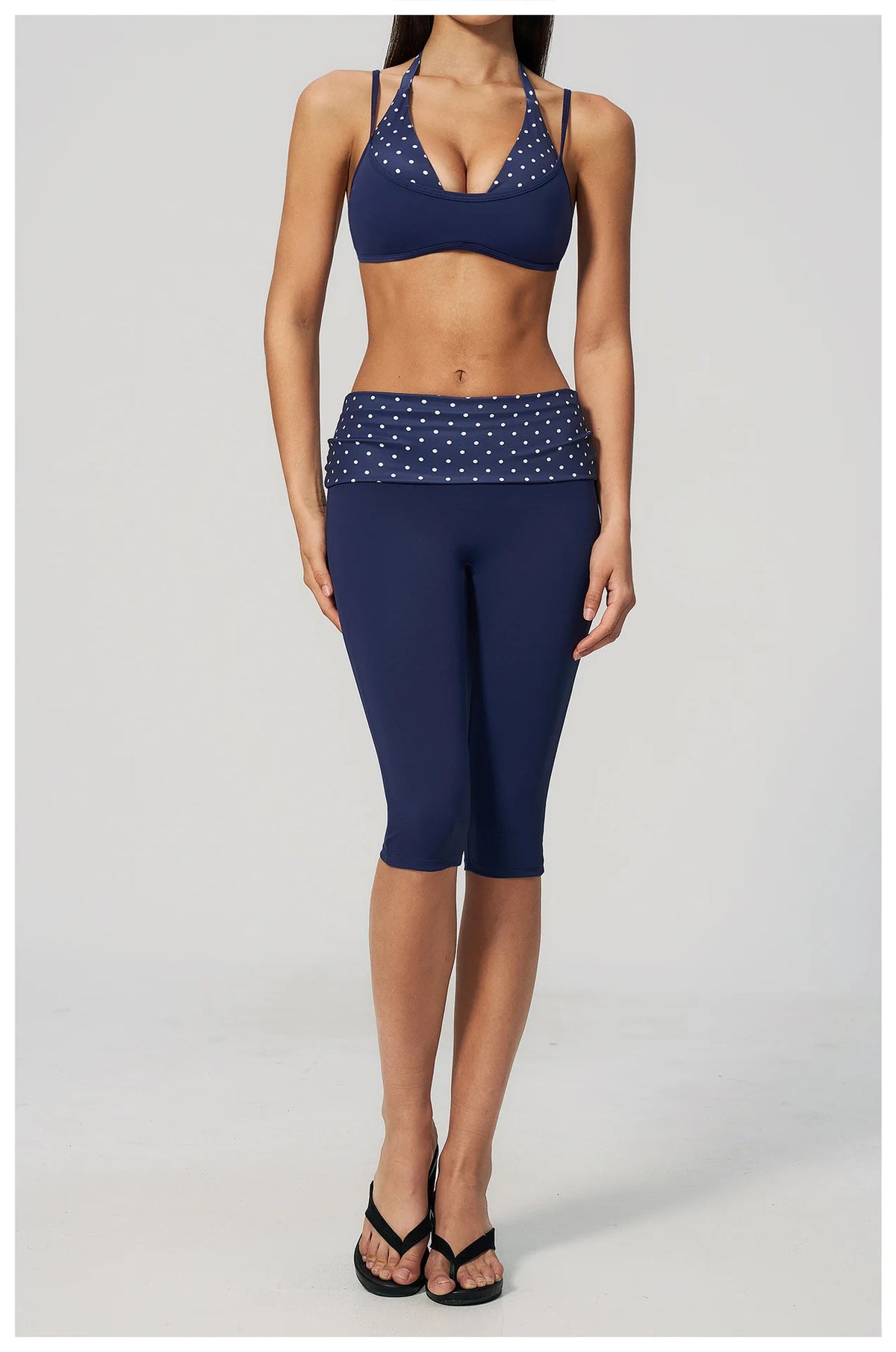 Summer Polka Dot Yoga Sets Women Hanging Neck Shockproof Sports Bra Fitness Suit Folding High Waist Mid Pants Gym Tracksuit