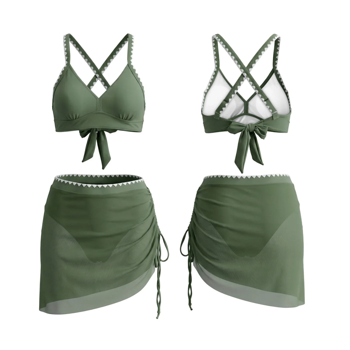 Women's 2 Piece Bikini Set for Pool Beach Spaghetti Strap Bra and Elastic Waist Mesh Skort Cover-ups Bathing Suit
