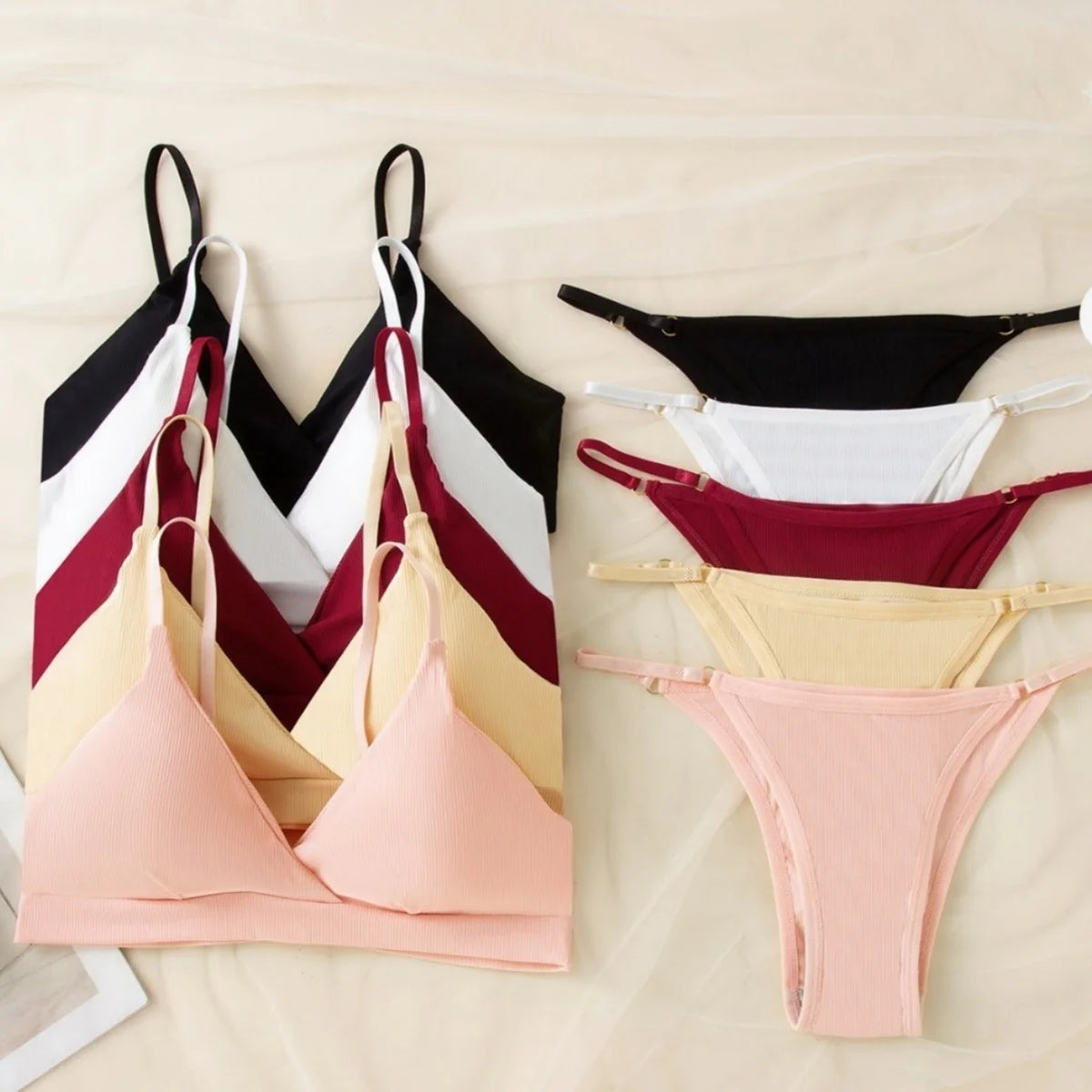 Women Ribbed Triangle Bra And Panties Set Wireless V Neck Thin Strap Bra Low Waist Briefs Ladies Removable Pads Lingerie Set