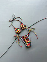 New 2026 Women's Plaid Swimsuit Sexy Lace-up Backless Swimwear Low Waist Push Up Thong Bathing Suit Micro Bikini Set Beachwear
