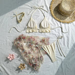 Vintage Mesh Floral Print Cover Up 3 Piece Bikinis Sets 2026 Women Ruffles Push Up Thong Swimsuit Beach Bathing Suit Swimwear