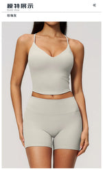 New Yoga Sets Women V Neck Back Criss Cross Sports Tank Top High Waist Butt Lift Shorts Fitness Suit Gym Running Workout Clothes