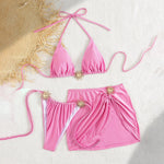 2026 Summer Women's 3Pcs Bikini Set Solid Color Halter Bra and Thong with Cover-ups Skirts Bathing Suits