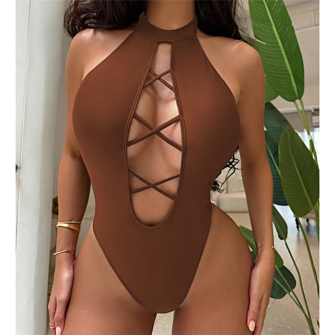 S - XL 7 Colors Lace Up High Neck Full Back Women Swimwear One Piece Swimsuit Female High Leg Cut Bather Bathing Suit Swim V6272