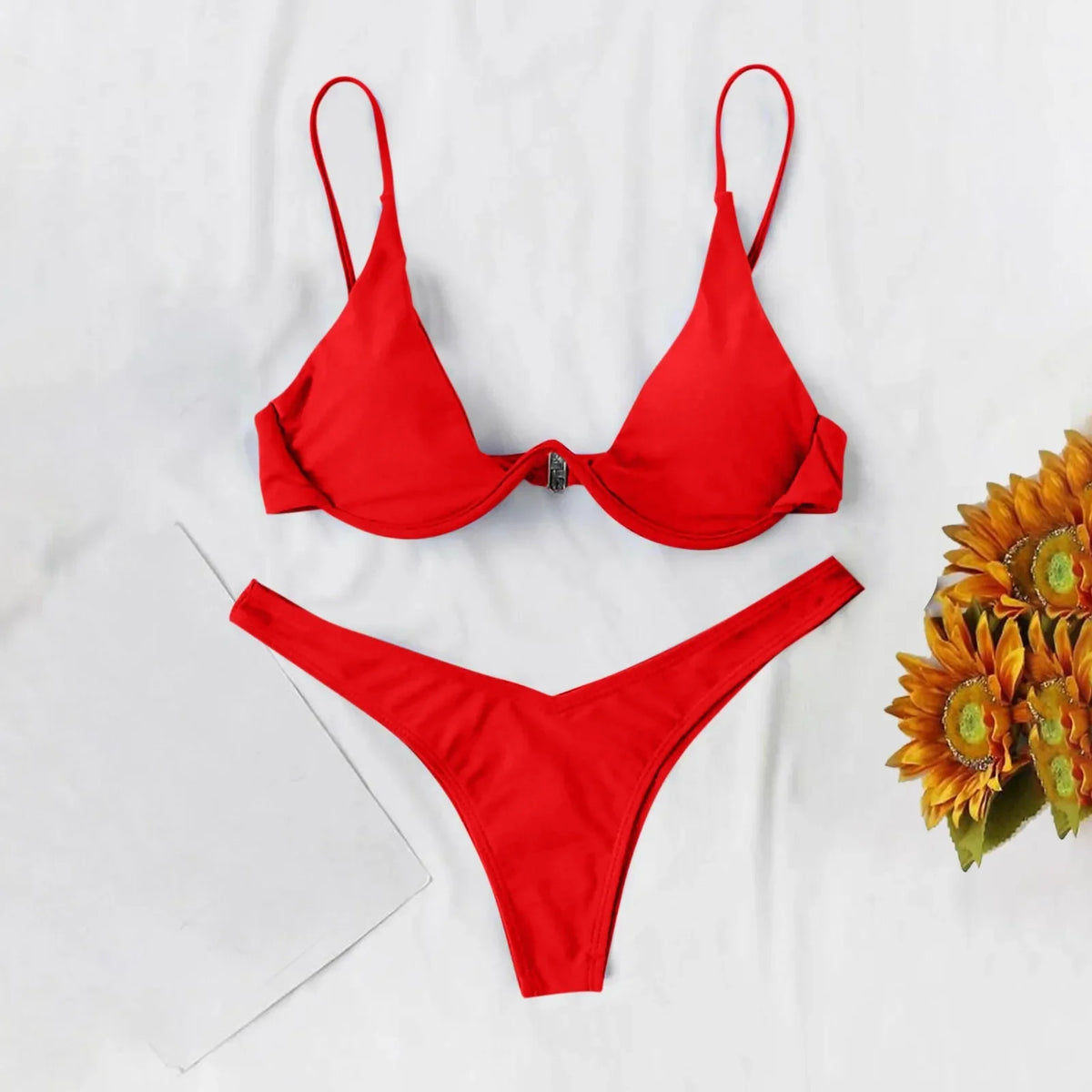Sexy Underwire Bikini 2024 Mujer Women Solid Red Push Up Bra Thong Swimsuit Halter V Neck Bathing Suit Mini Micro Thong Swimwear