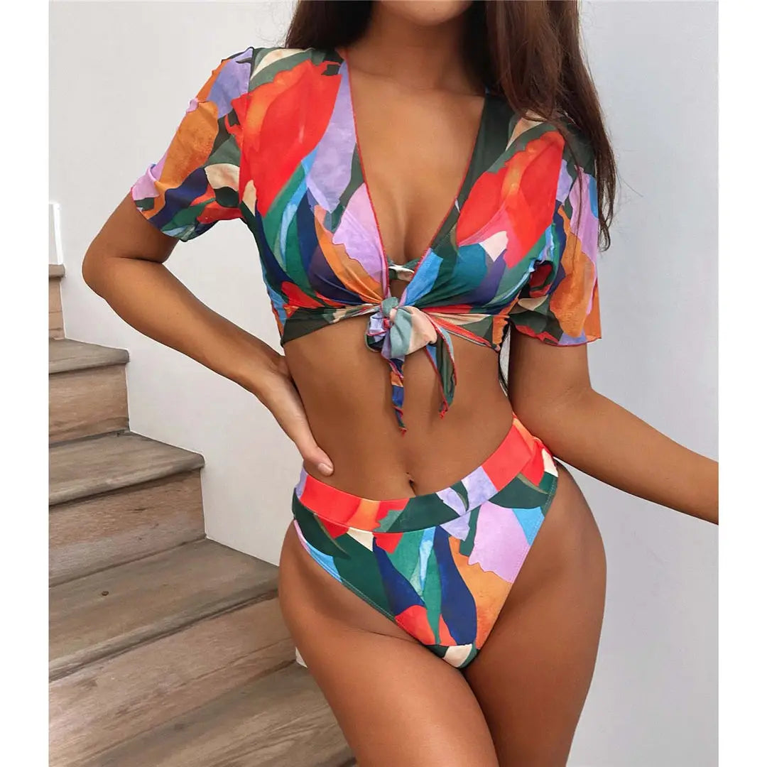 S - XXL Leopard Printed High Waist Bikini Female Swimsuit Women Swimwear Three-piece Bikini set Bather Bathing Suit Swim V2805SW