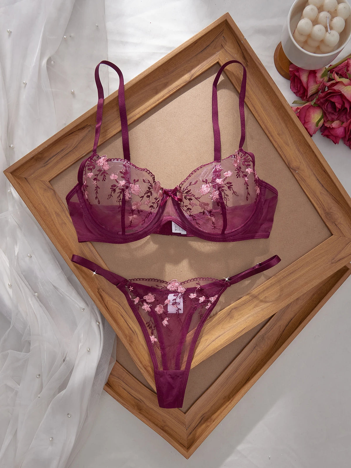Ladies Classic Black Blue Floral Print Ultra-Thin Bra And Panties Set Elegant Underwear Combo for Women