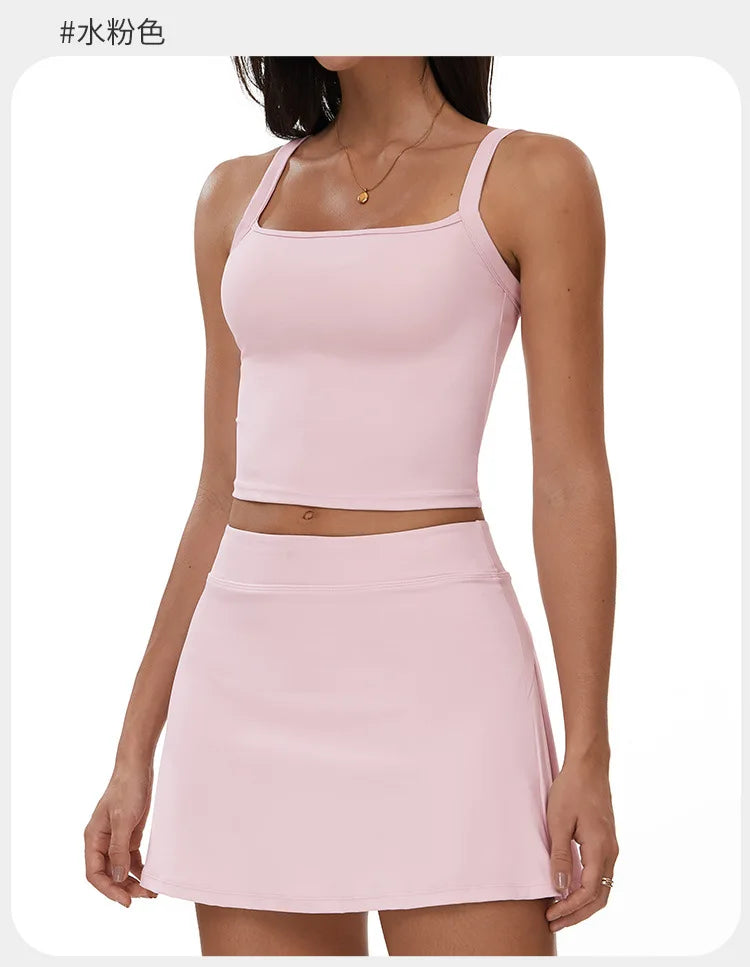 2 Piece Yoga Skirt Set Women Outdoor Neck Hanging Sports Vest High Waist Pleate A Line Skorts Fitness Suit Gym Workout Clothes