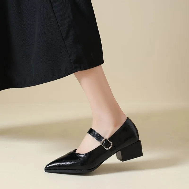Mid-length Single Shoes Spring and Summer New Fashion Belt Buckle Pointed Toe Comfortable Shallow Toe Leather Shoes