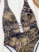 Tiger Printed Halter Deep V Neck One Piece Swimsuit Women Swimwear Female Backless Monokini High Cut Bathing Suit Swim Bodysuit
