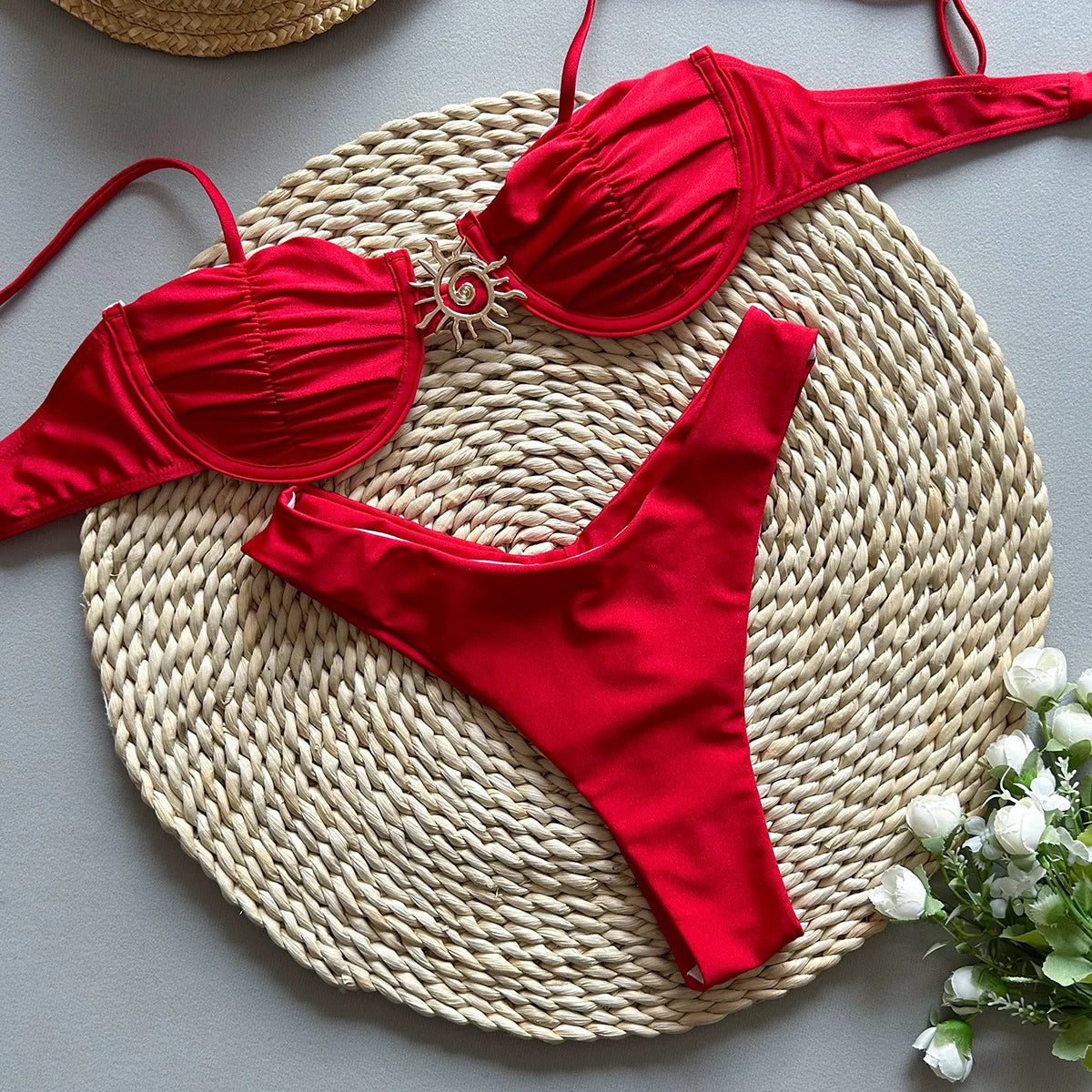 Sexy Metal Sun Ornament Bikini Set Women Solid Black Red Push Up Underwire Micro Swimsuit 2026 Brazilian Bathing Suit Swimwear