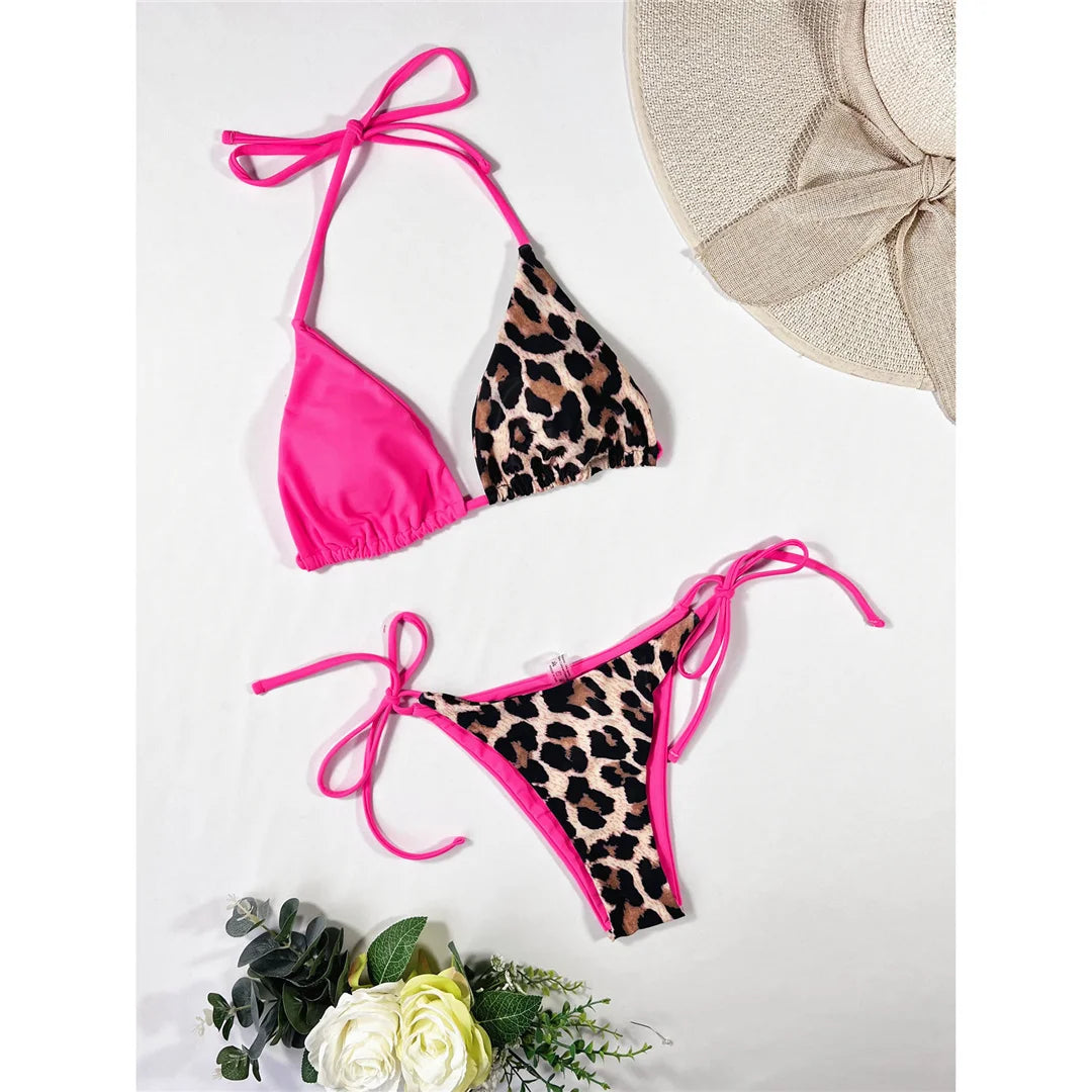 XS - L 8 Color Splicing Halter Leopard Bikini Female Swimsuit Women Swimwear Two-piece Bikini set Bather Bathing Suit Swim V3736