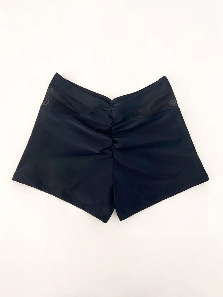 New Women Sexy Solid Ruched Bikini Bottom Mesh Sides High Waisted Two Piece Separate Elastic Flat Leg Swimming Shorts Sale