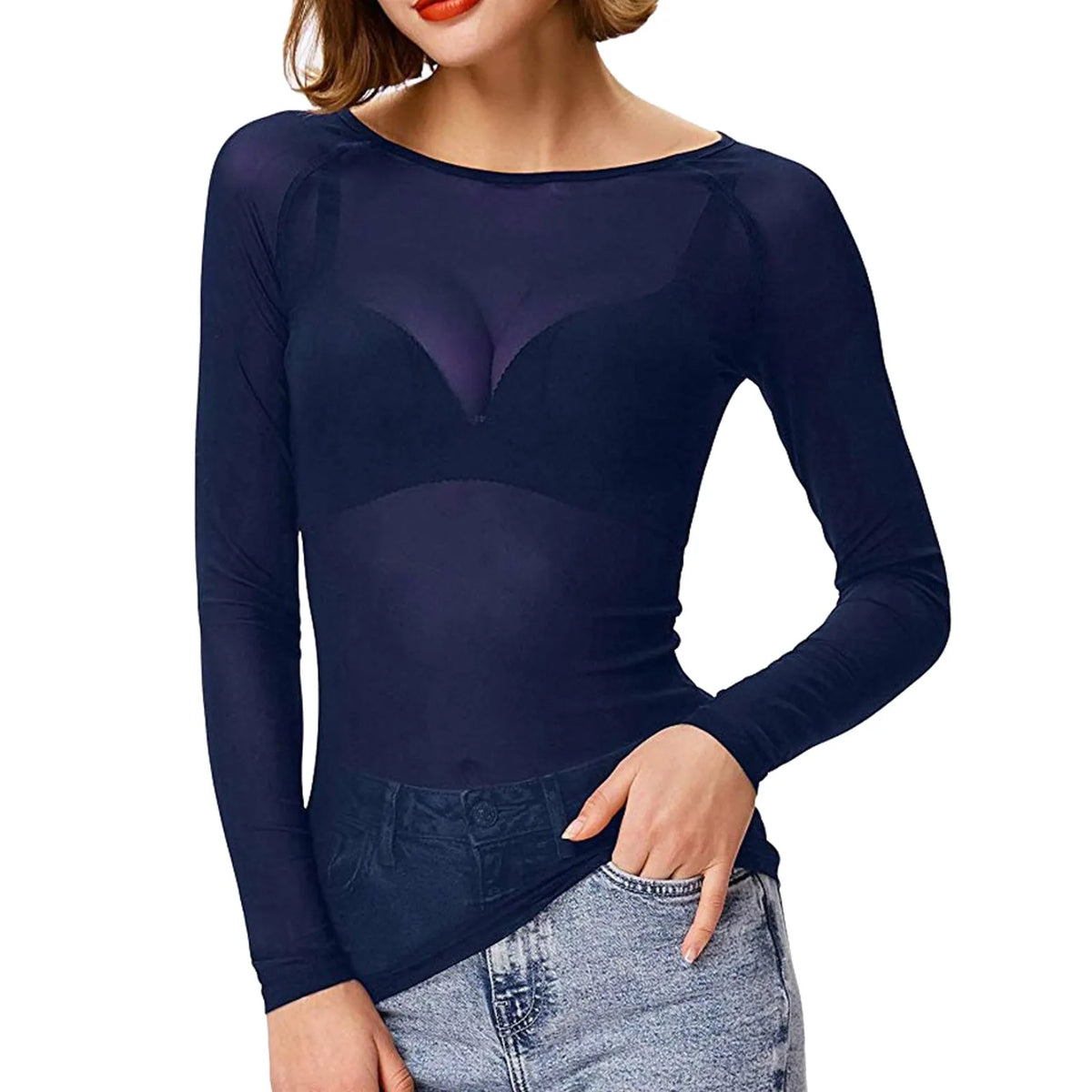 Sexy Women T Shirt See Through Mesh Black Long Sleeve Tees Sheer Slim Fit O Neck Tulle Crop Top Y2k T-Shirt Transparent Clubwear