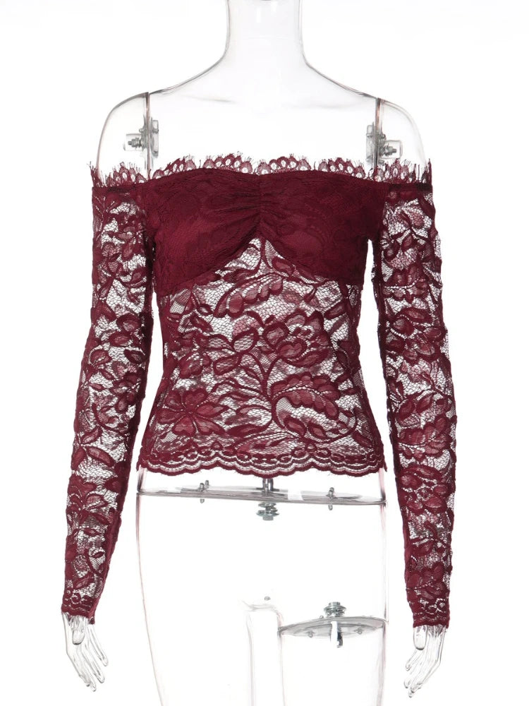 FDYOUI 2026 Spring Summer Wine Red Lace T-shirts for Women Slash Neck Slim Crop Tops Sexy Elegant See-through Short Tee Shirt