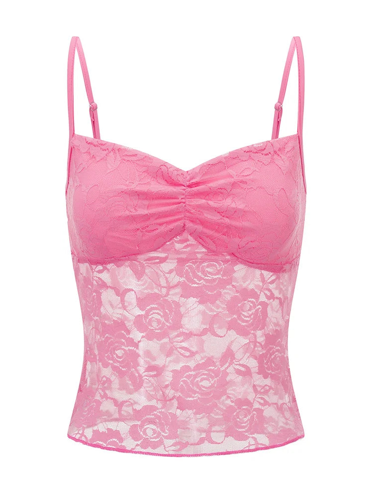 Women's Lace Cami Tops Sleeveless Ruched Front Solid Color Camisole Slim Fit Tank Tops Summer