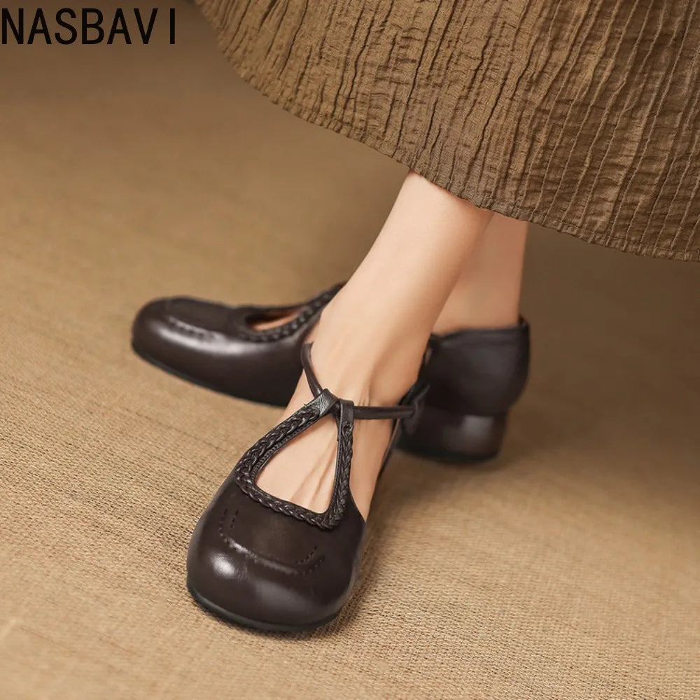 Women's T-Strap Shallow Flat Sandals Soft Leather Rome French Slip-on Single Shoes Retro Round Toe Shoes for Women Summer 32-43