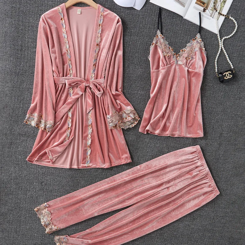 New Velour Pajama Suit Women 3PCS Robe Nightgown Set Sleepwear Lady Winter Velvet Warm Lace Folwer Kimono Bathrobe Gown 2025