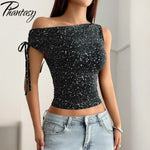 Phantasy Women's One Shoulder Sequin Sparkly Tops Sleeveless Asymmetrical Vest Fashion Y2K T-Shirt Women's Vestido 2025 Summer