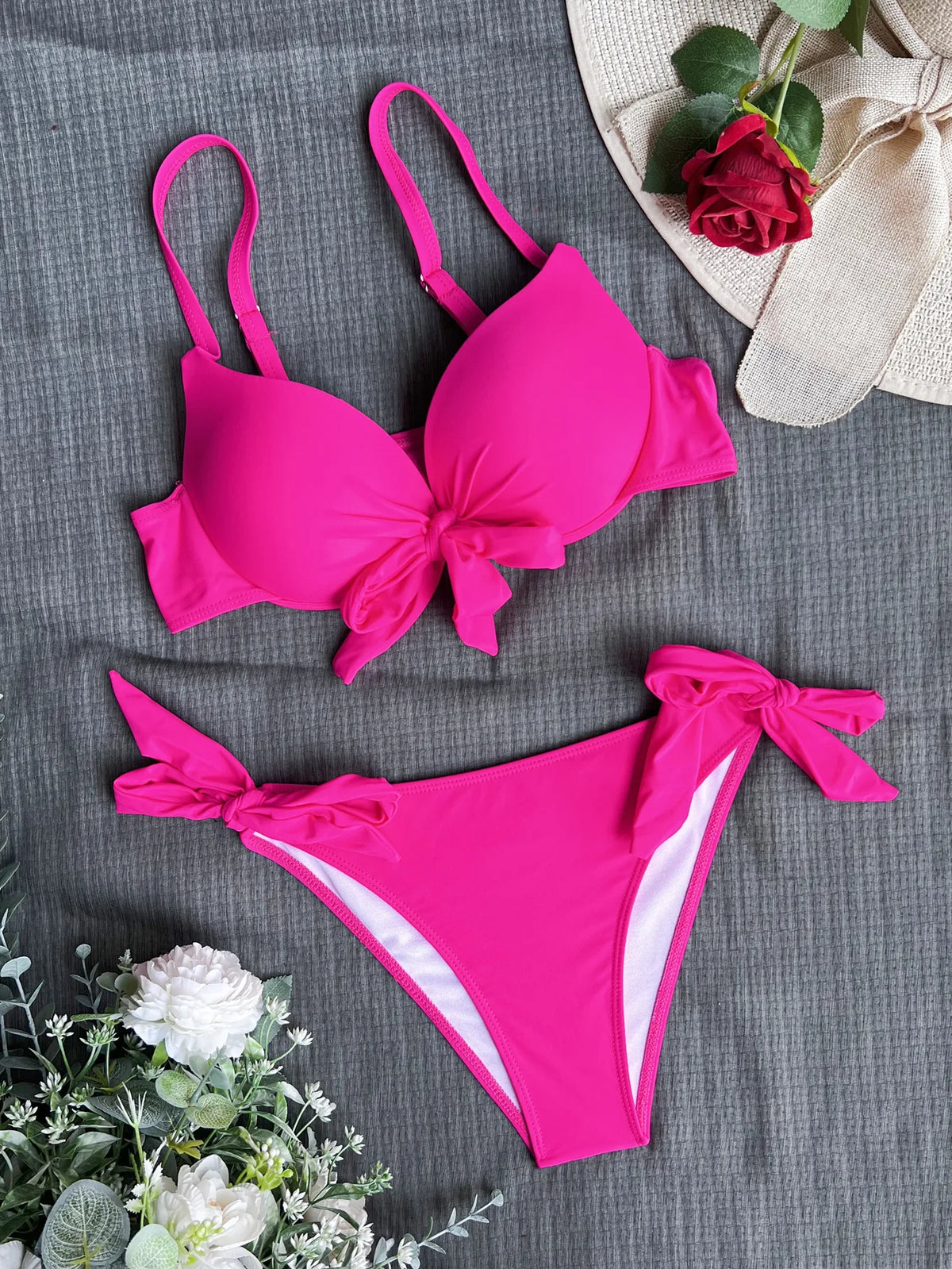 DEKA Sexy Solid Push Up Bikini Set Front Bow Knot Swimsuit Women Sexy Halter Two Piece Beachwear Bathing Suit Swimwear Biquini