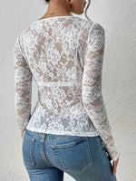 Women Sexy Base Layer Shirt Solid Black Sheer Lace Top Slim Flower Scallop Trim V Neck Long Sleeve T-shirt Trendy Tight Lace Top