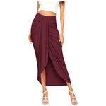 Women's High Waisted Ruched Maxi Skirt Pleated Solid Asymmetrical Split Hem Long Skirt Casual Draped Wrap Bodycon Summer Skirts