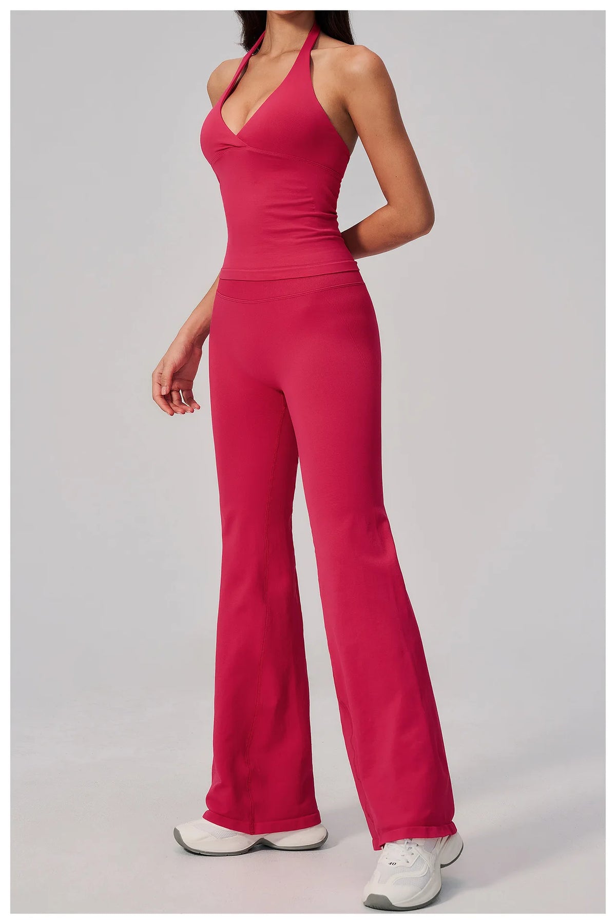 V-neck Yoga Sets Women Seamless Slimming Sports Tank Top High Waist Wide Leg Pants Fitness Suit Outwear Gym Running Tracksuit