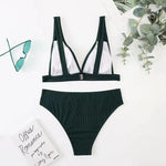 2023 New Sexy V-Neck Ribbed Bikini High Waist Swimsuit Women Solid Push Up Swimwear Female Bathing Suit Bikini Set Beachwear